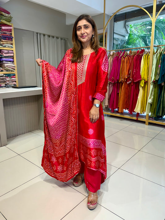 Gaji Silk Bandhni Suit - Red