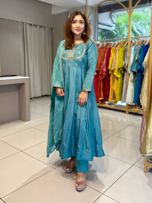 Blue Anarkali with Gold Embroidery