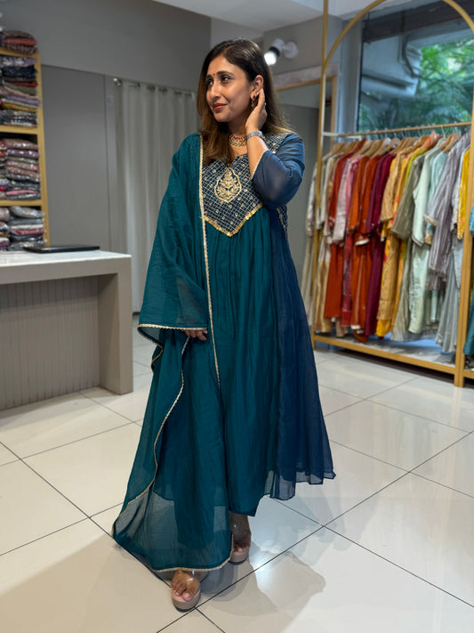 Light Dark two tone Suit with heavy neck embroidery