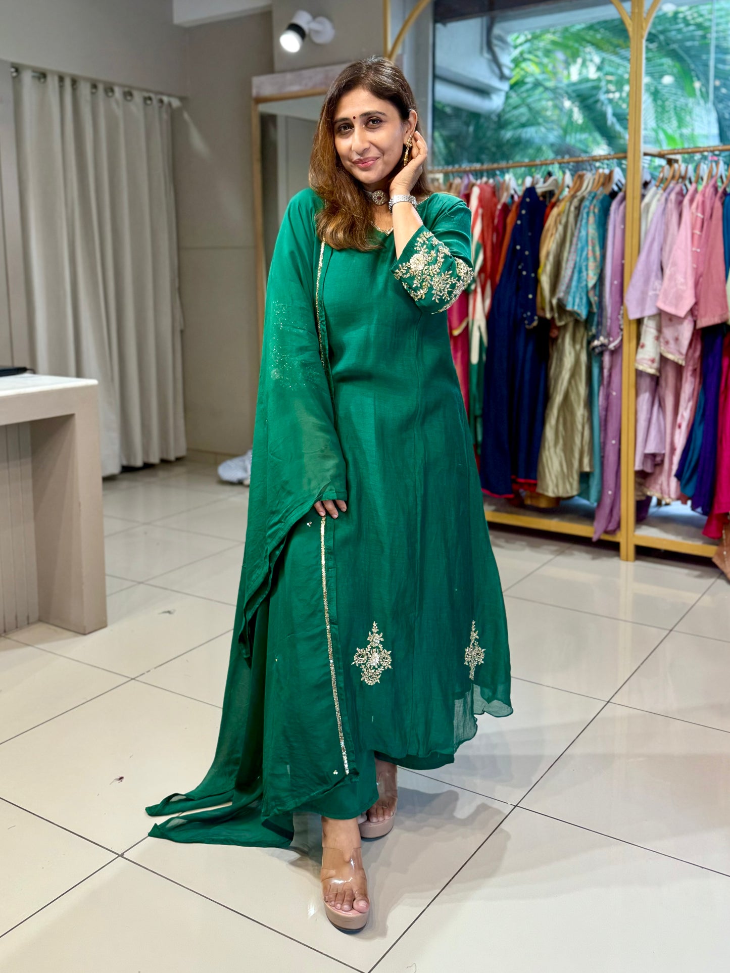 Premium Mul Chanderi Emerald Festive Suit Set