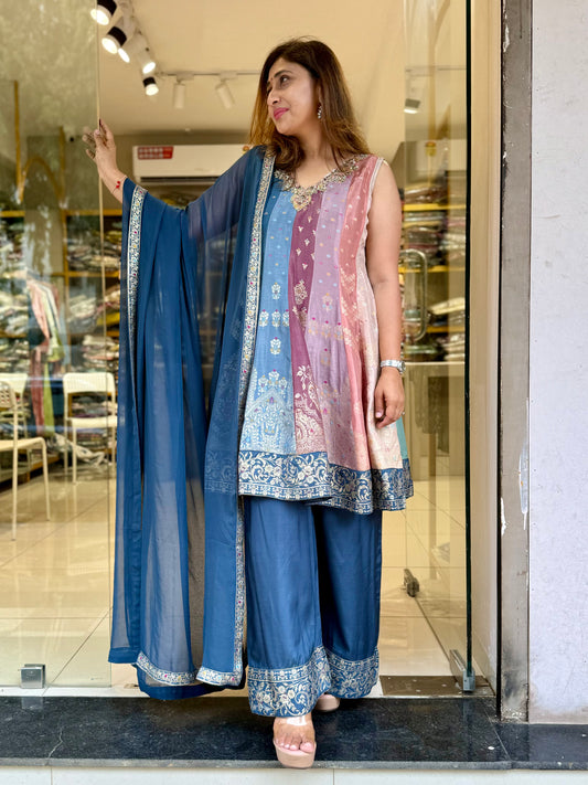 Sleeveless Multi-colour palazzo silk set