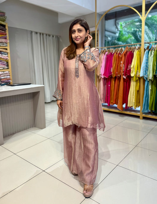 Crush Tissue Co-Ord Mirror work Antique look (Pink)