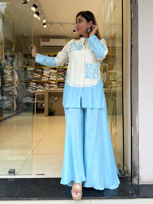 Ice blue silk co ord divider divider tikki work