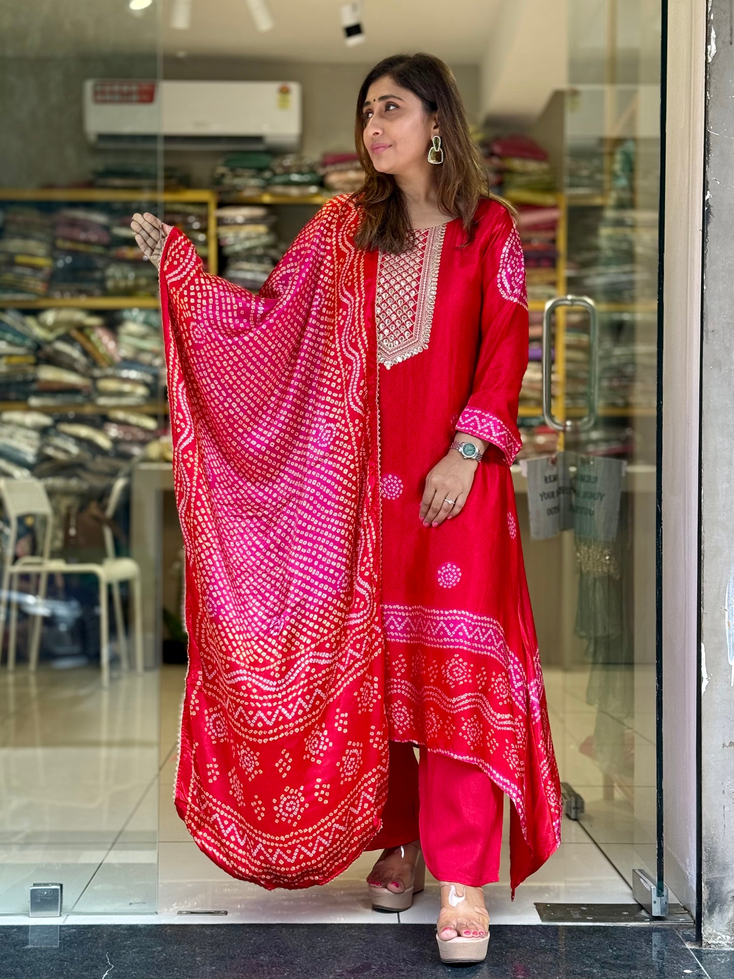 Gaji Silk Bandhni Suit - Red