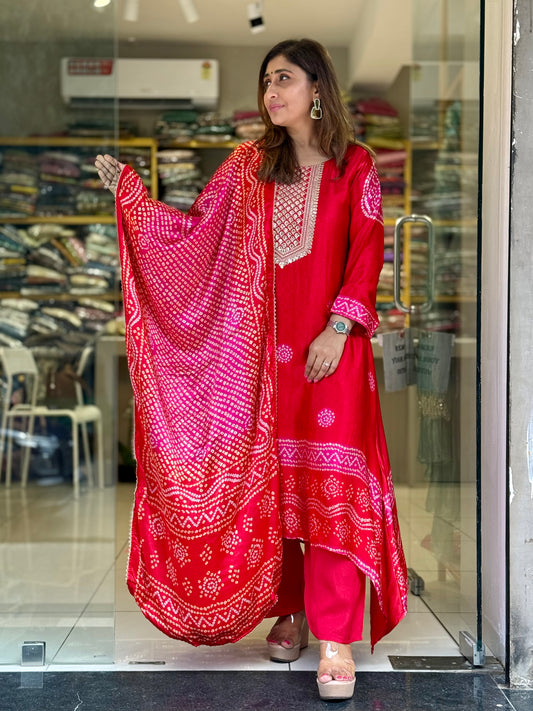 Gaji Silk Bandhni Suit - Red