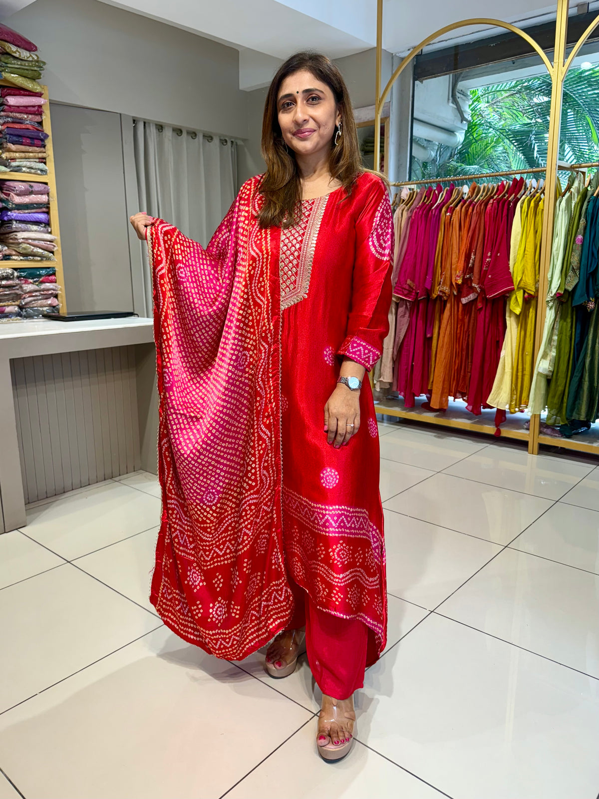 Gaji Silk Bandhni Suit - Red