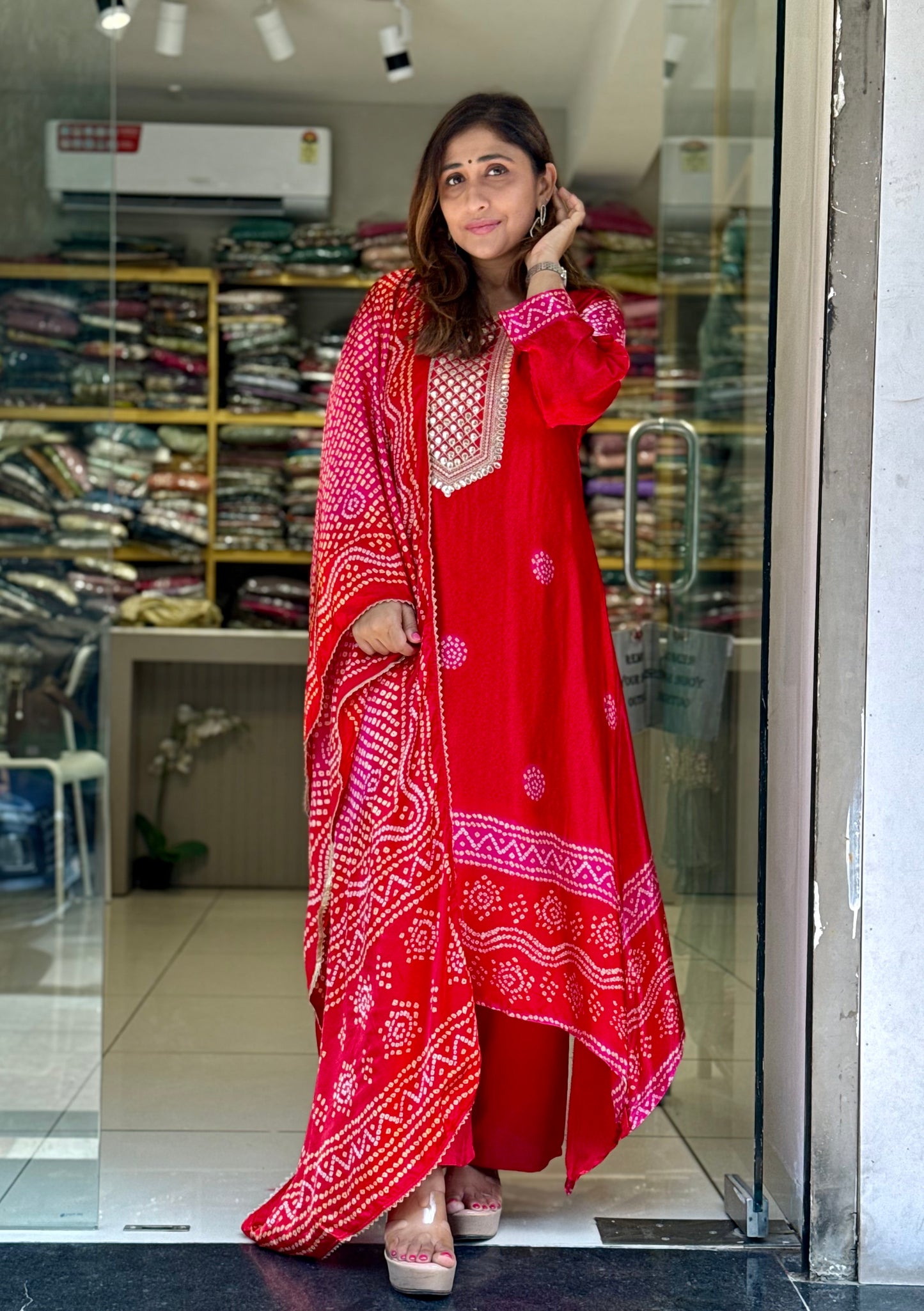 Gaji Silk Bandhni Suit - Red