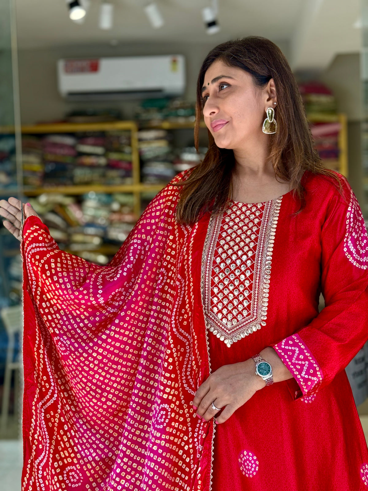 Gaji Silk Bandhni Suit - Red