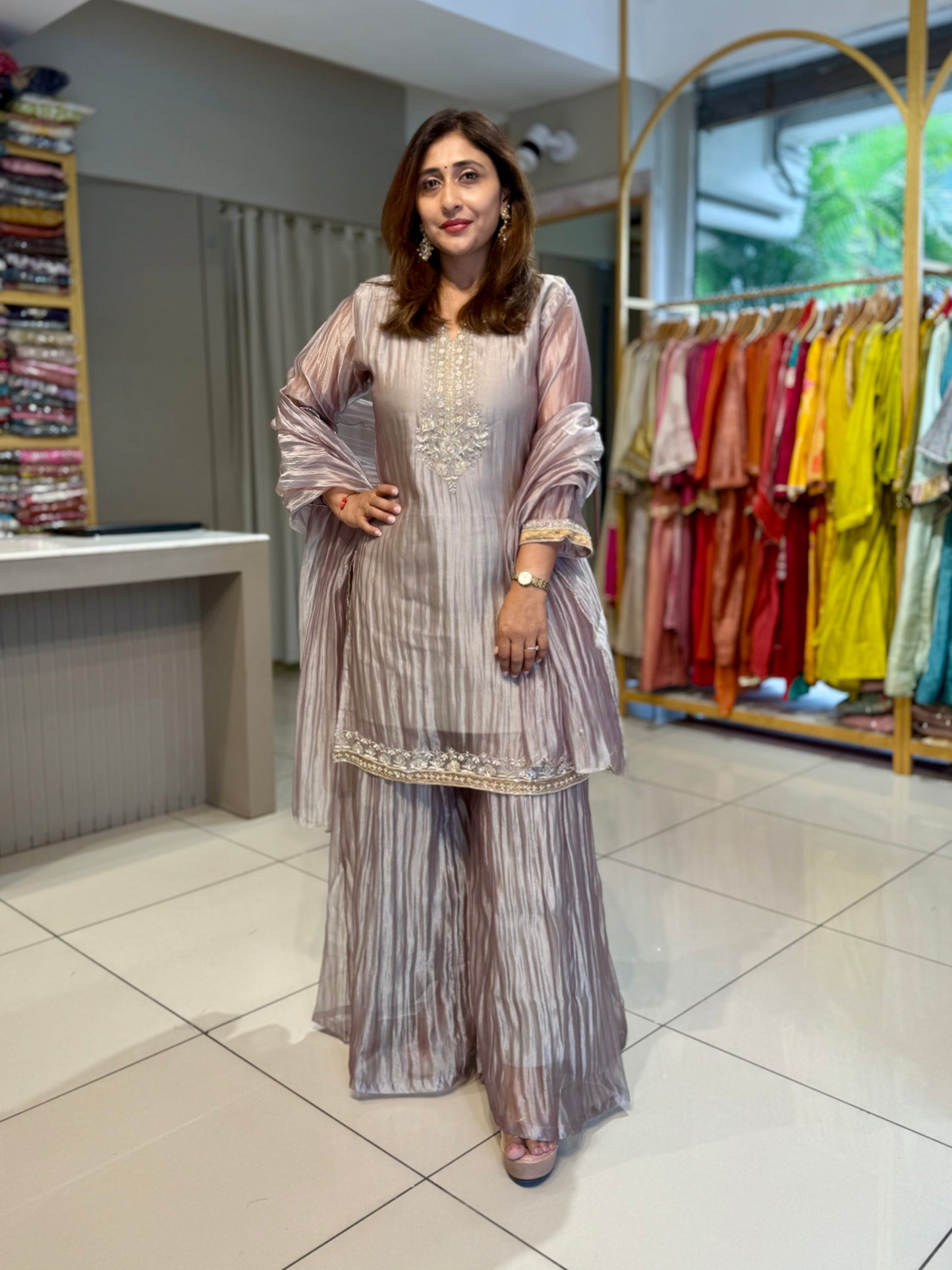 Crush Tissue Palazzo set silver pink two tone