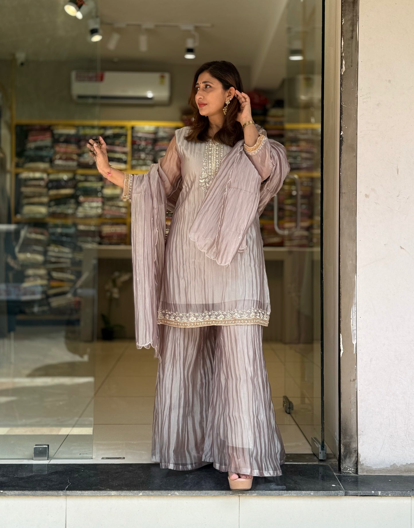Crush Tissue Palazzo set silver pink two tone