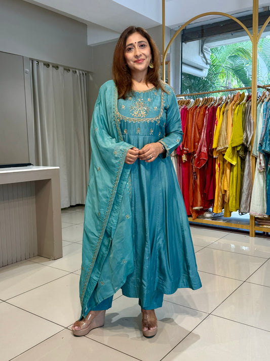 Blue Anarkali with Gold Embroidery