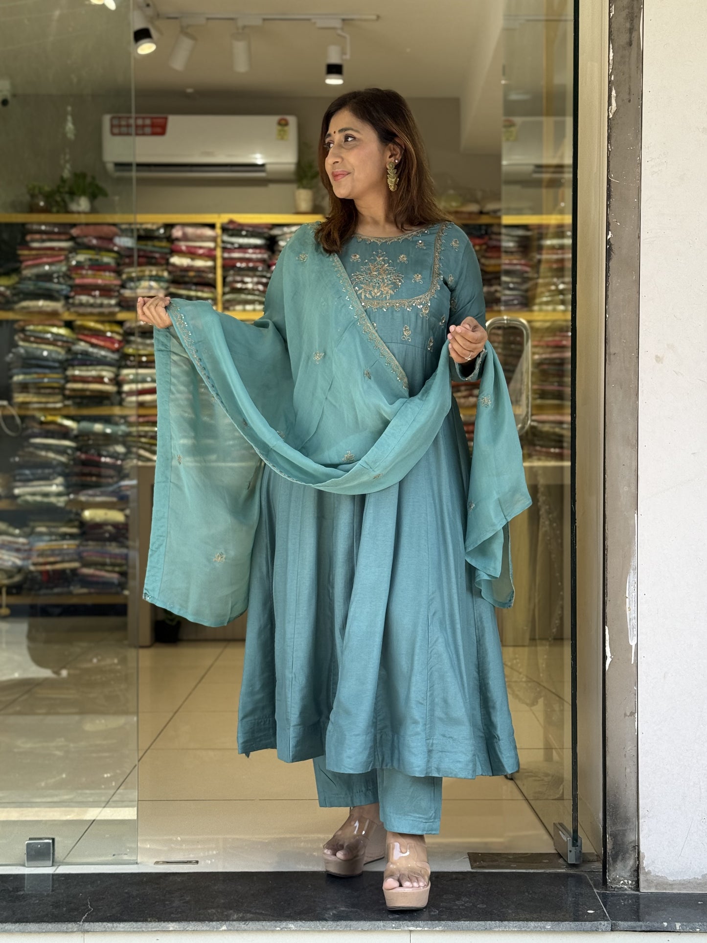 Blue Anarkali with Gold Embroidery