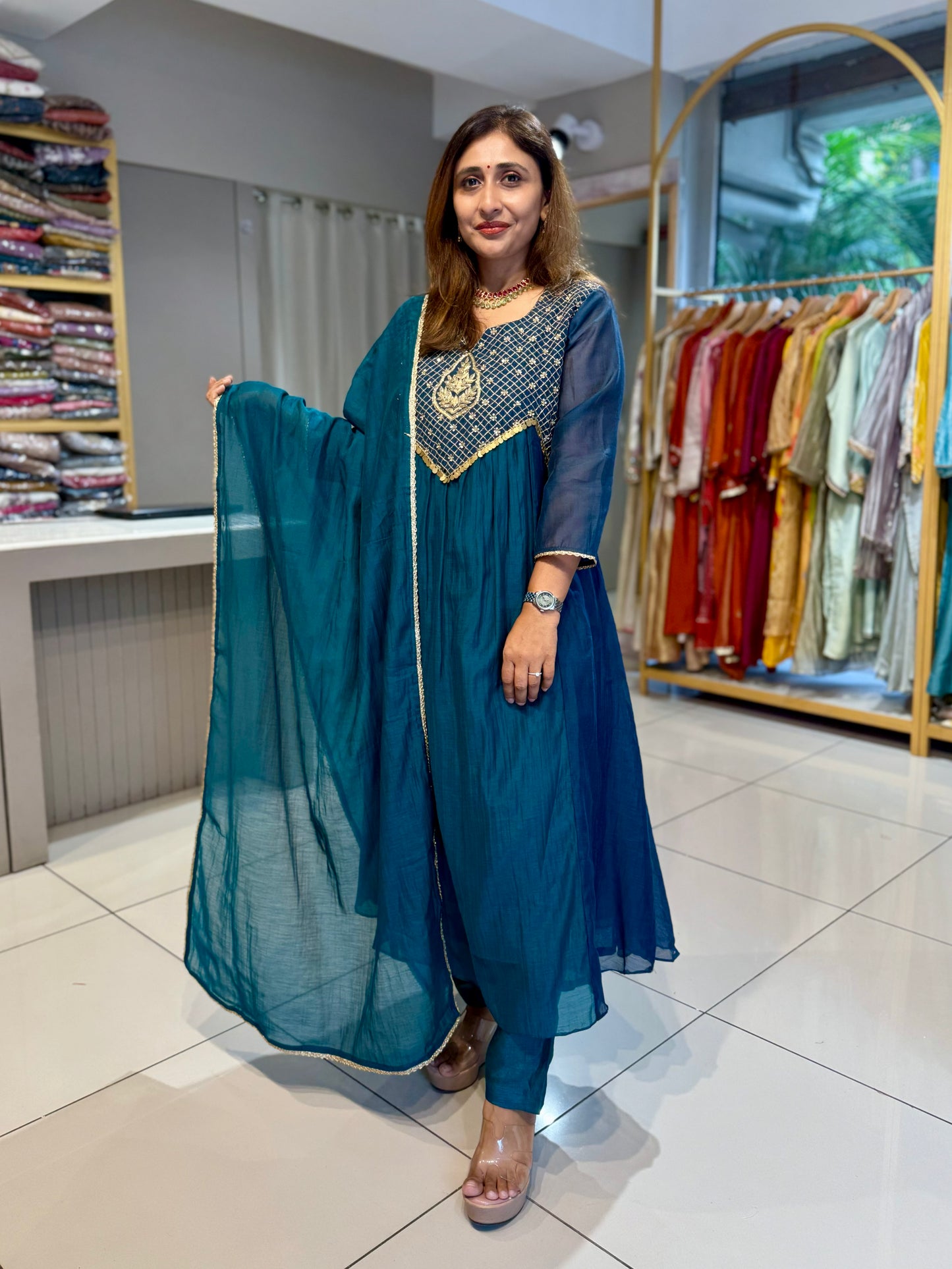 Light Dark two tone Suit with heavy neck embroidery