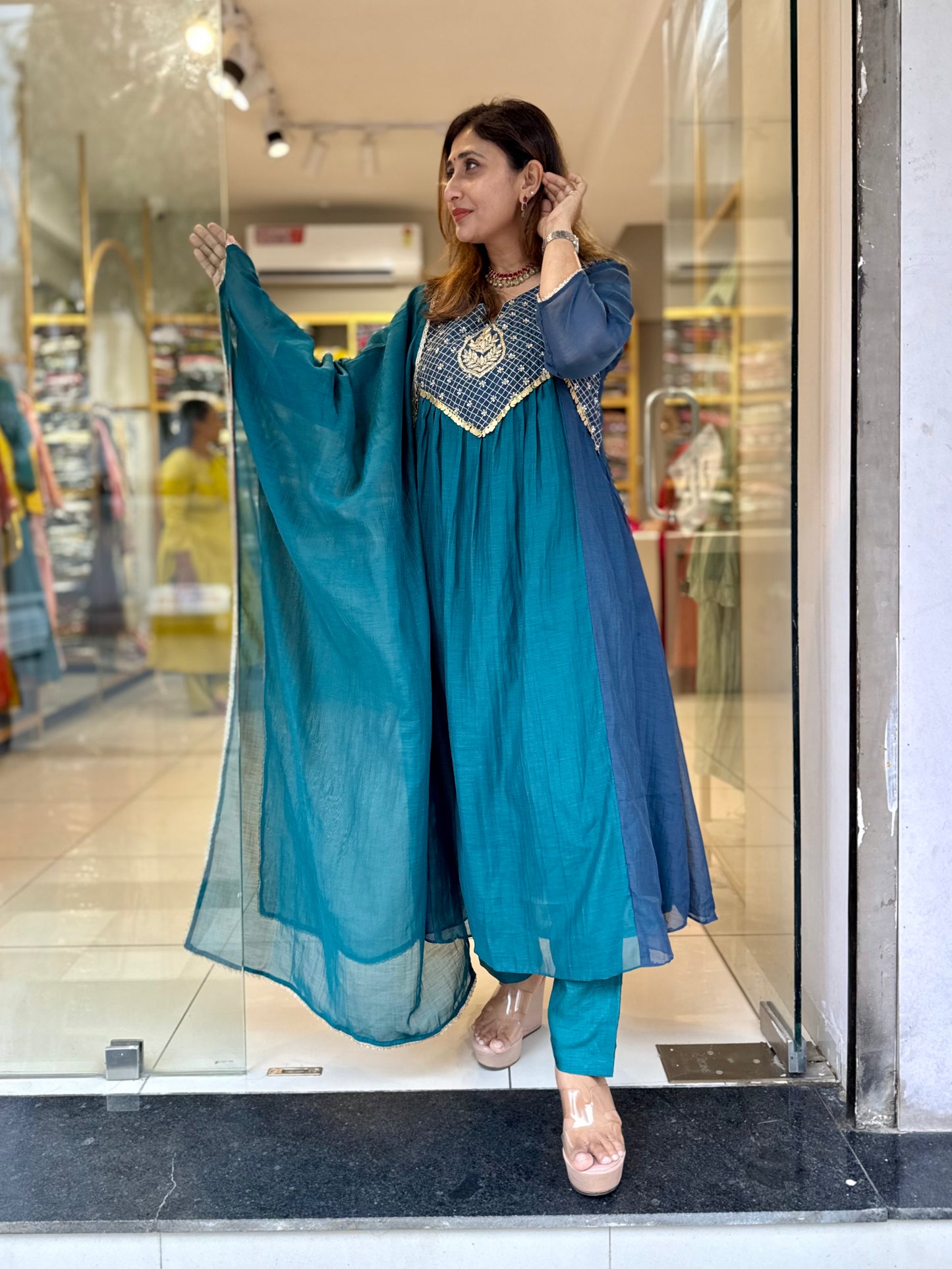 Light Dark two tone Suit with heavy neck embroidery