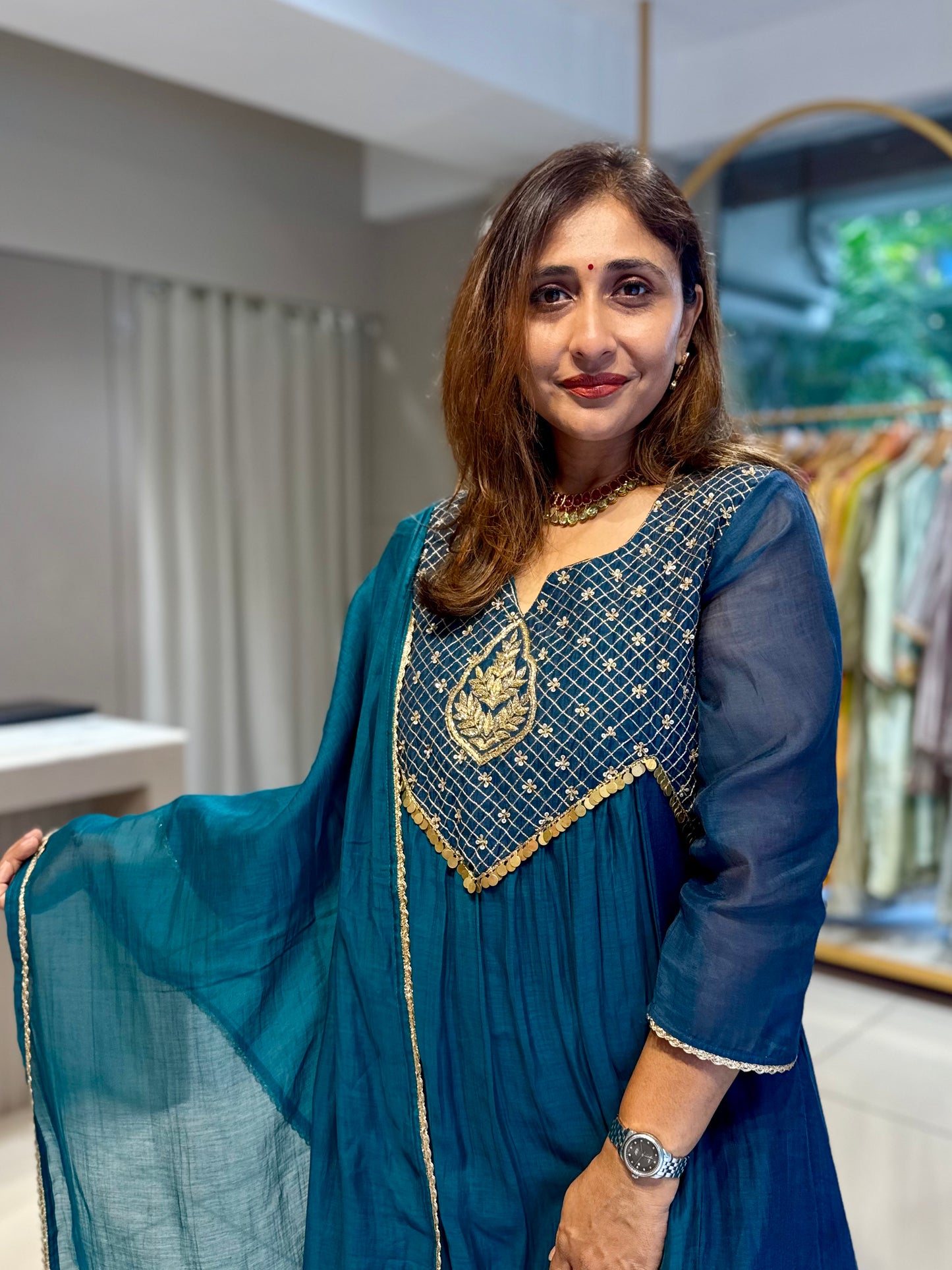 Light Dark two tone Suit with heavy neck embroidery