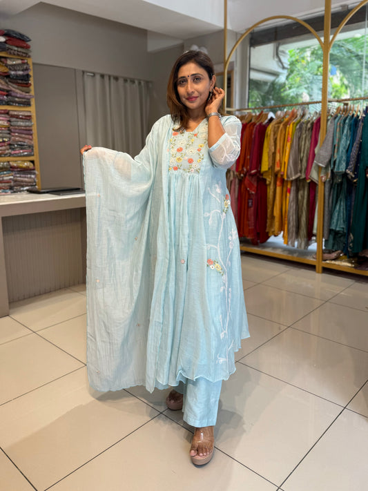 Ice Blue Dupatta Suit with Floral Thread Embroidery
