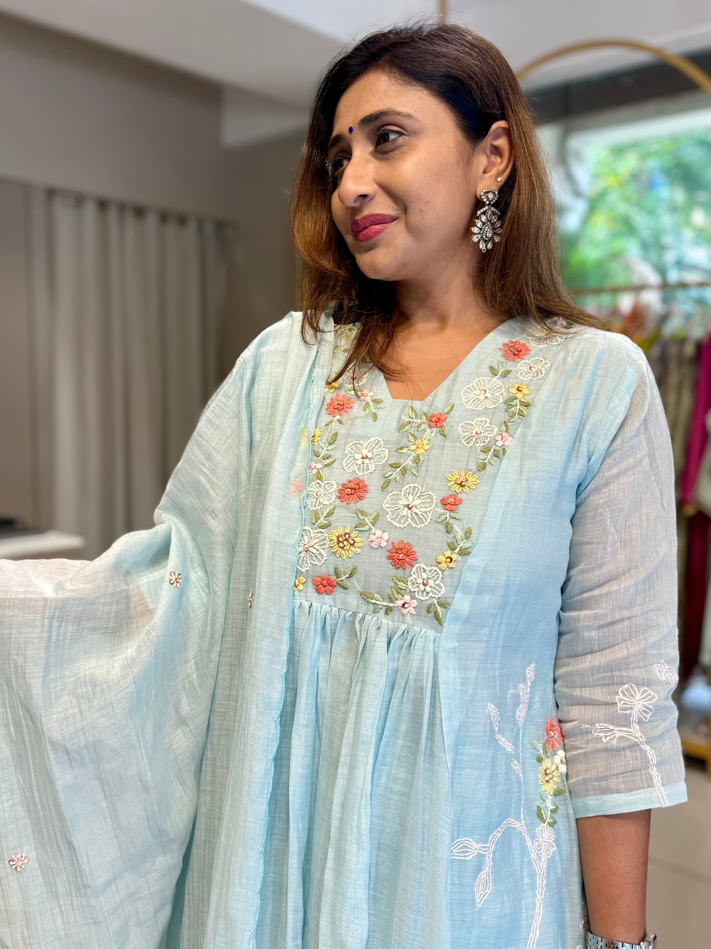 Ice Blue Dupatta Suit with Floral Thread Embroidery