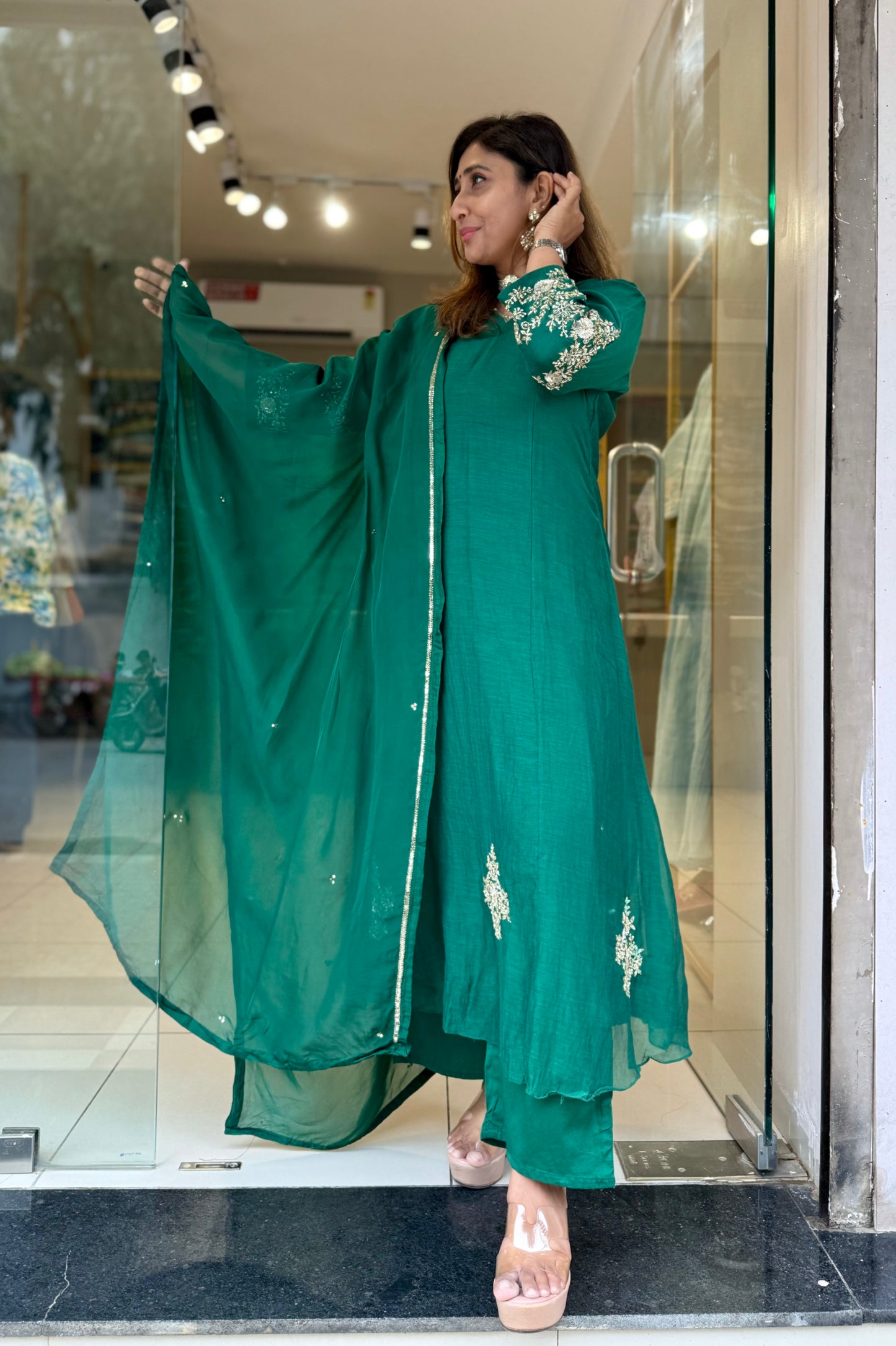 Premium Mul Chanderi Emerald Festive Suit Set