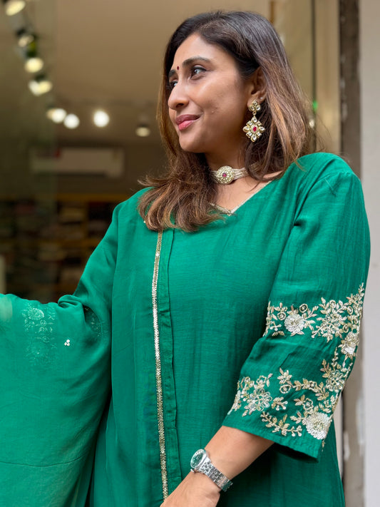 Premium Mul Chanderi Emerald Festive Suit Set