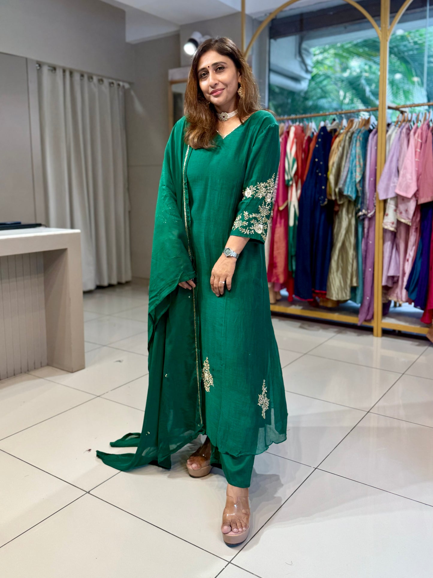 Premium Mul Chanderi Emerald Festive Suit Set