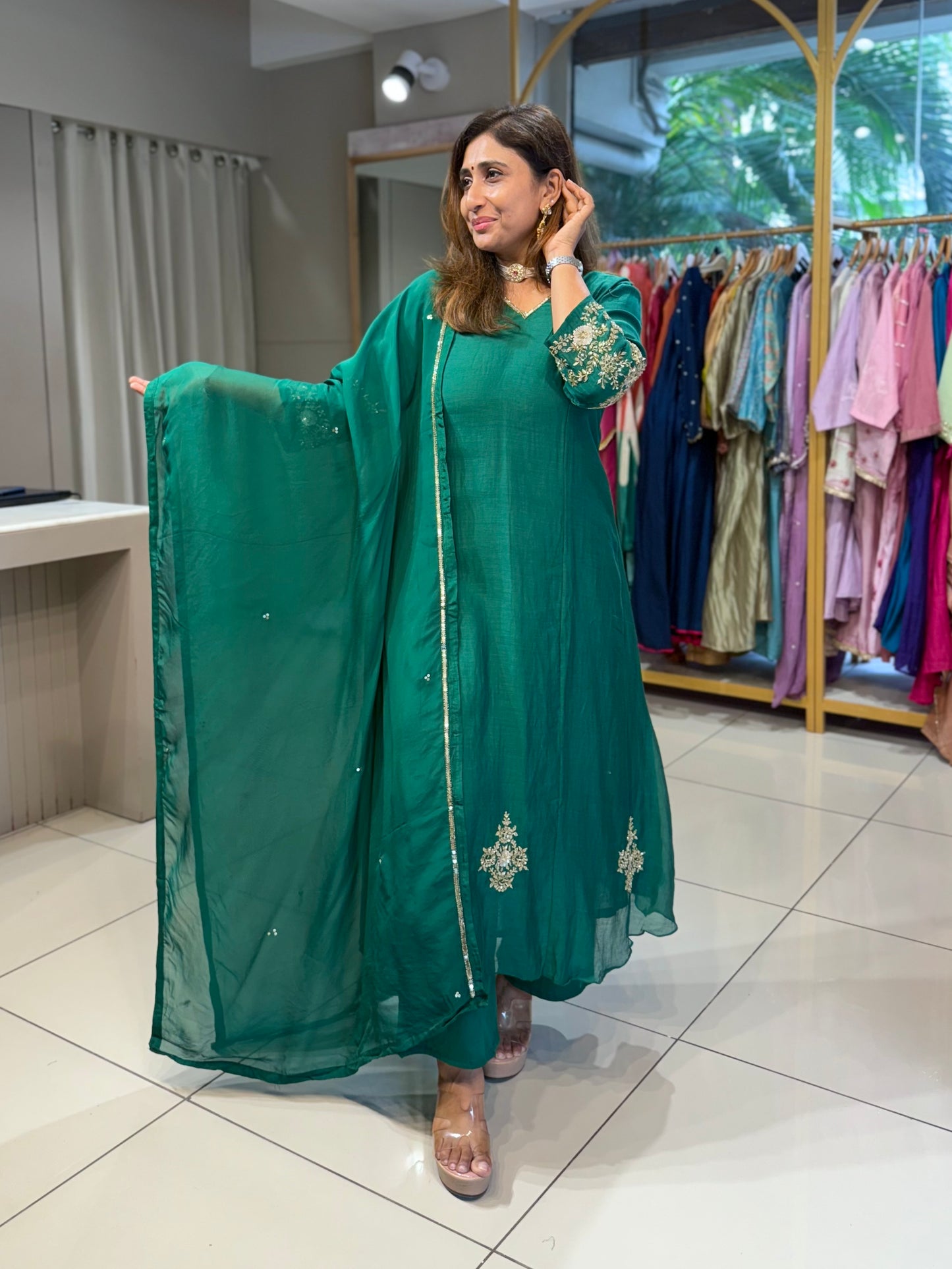 Premium Mul Chanderi Emerald Festive Suit Set