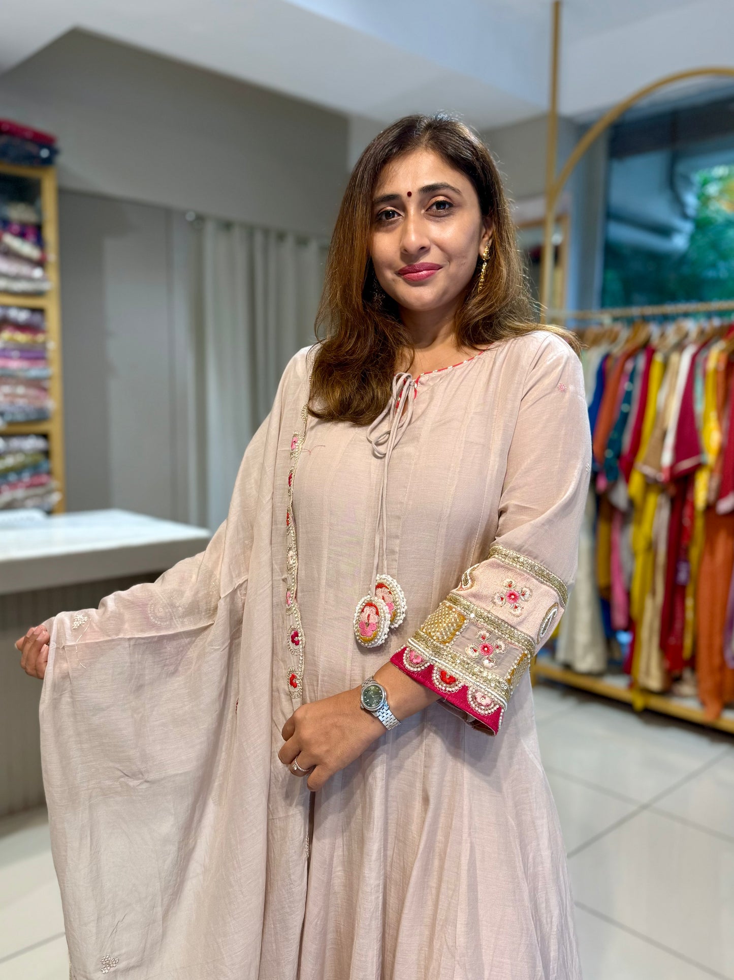 Shoulder kali mul chanderi suit- Pastel