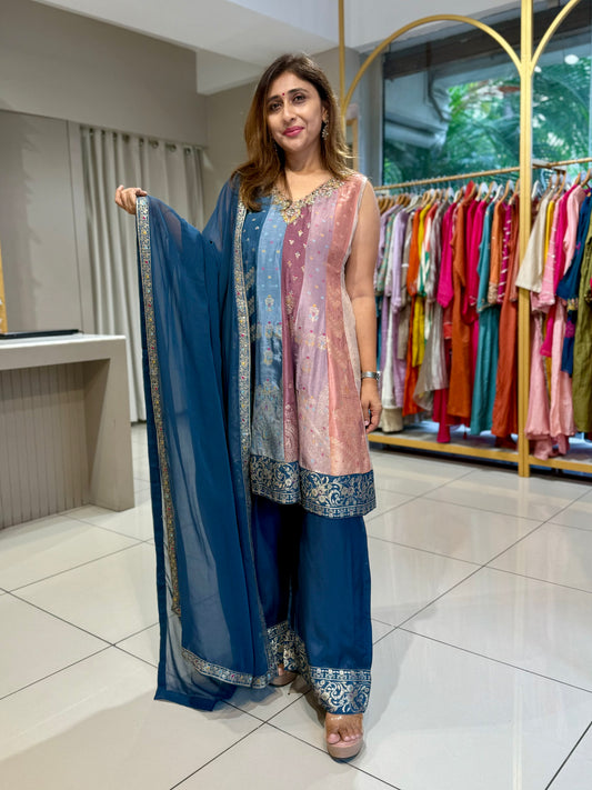 Sleeveless Multi-colour palazzo silk set