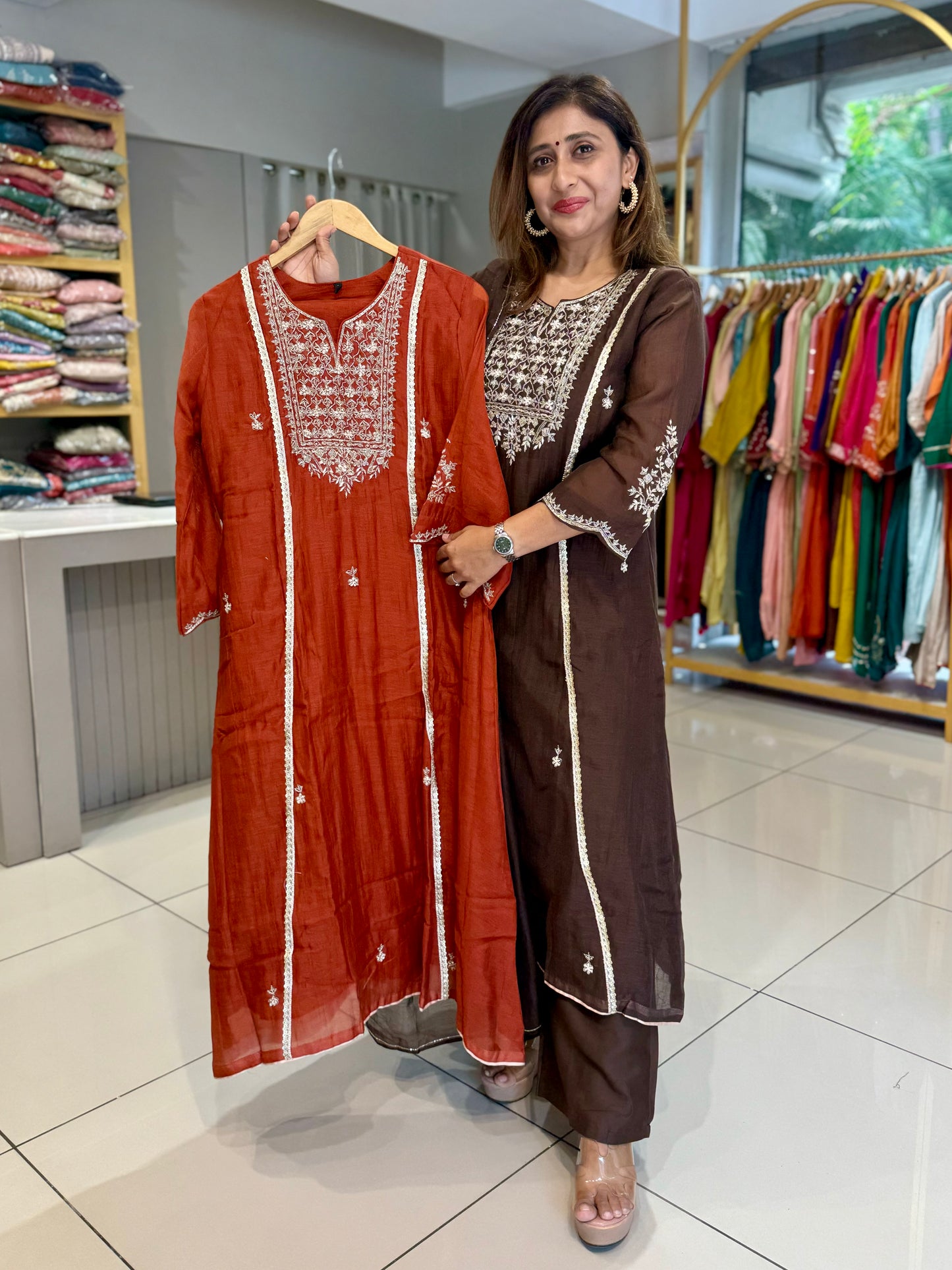 Rust mul chanderi suit with scallops sleeves