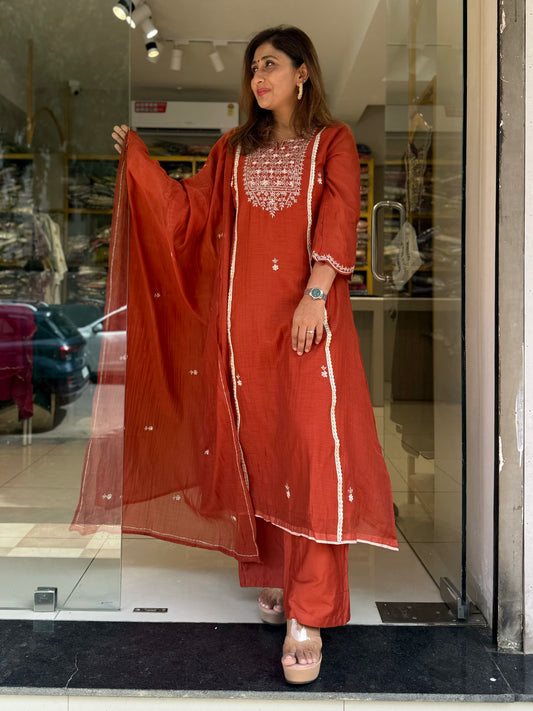 Rust mul chanderi suit with scallops sleeves