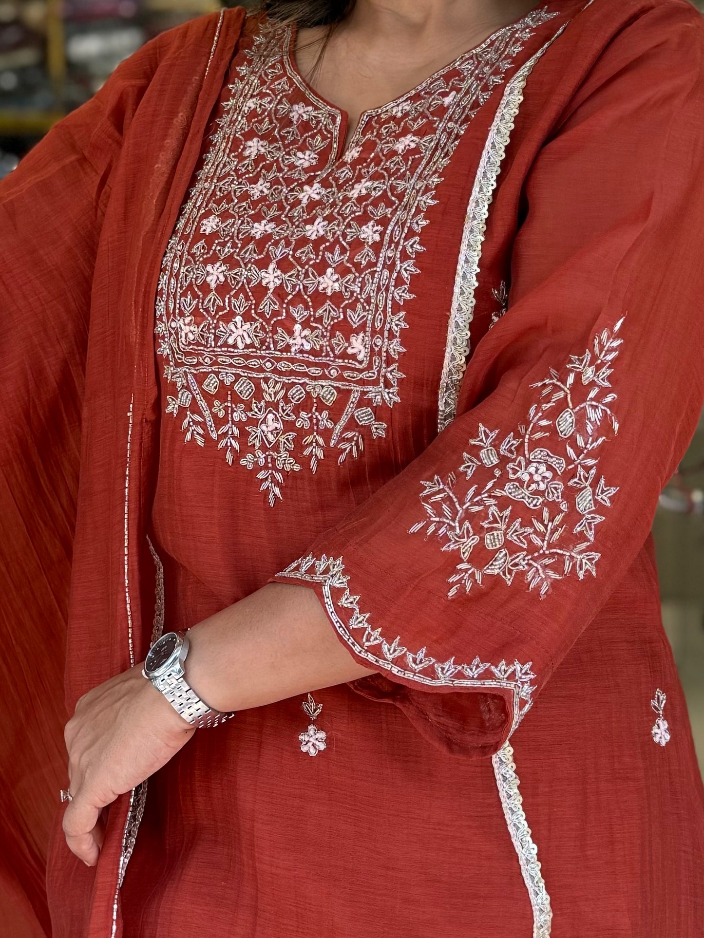 Rust mul chanderi suit with scallops sleeves