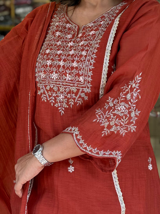 Rust mul chanderi suit with scallops sleeves