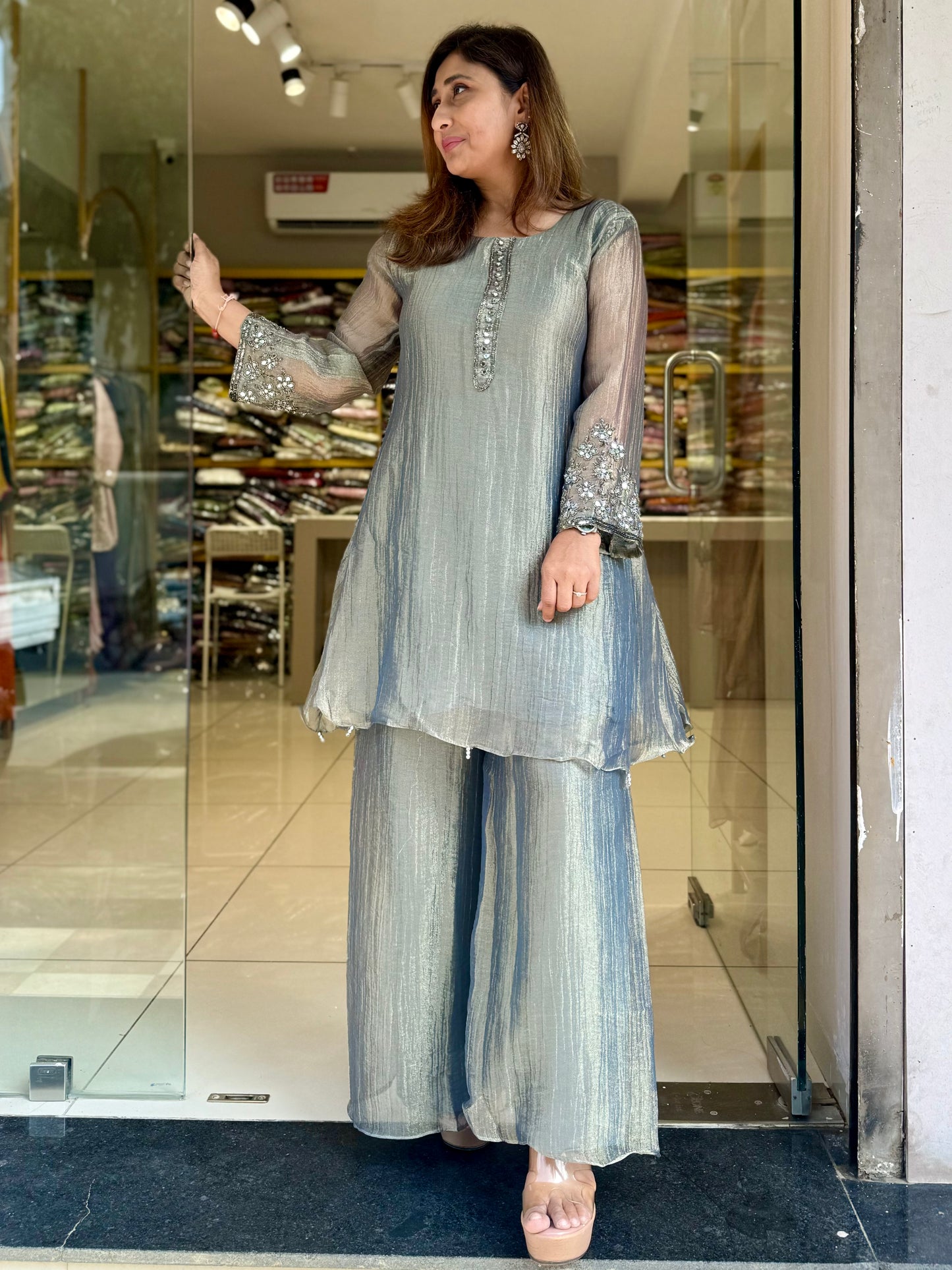 Crush Tissue Mirror work Co Ord Antique Shade (Grey)