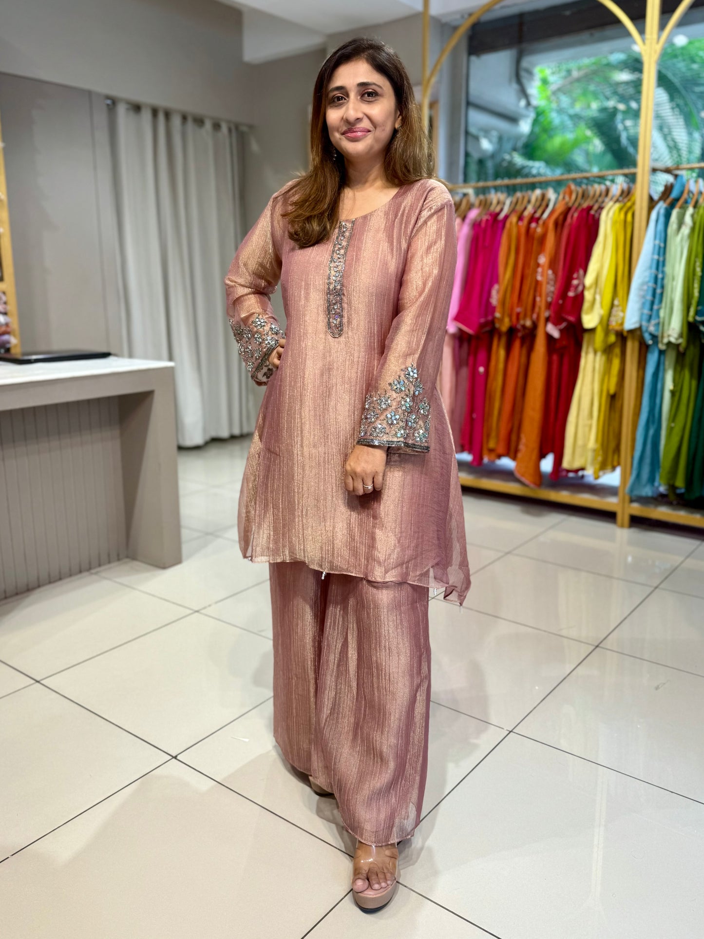 Crush Tissue Co-Ord Mirror work Antique look (Pink)