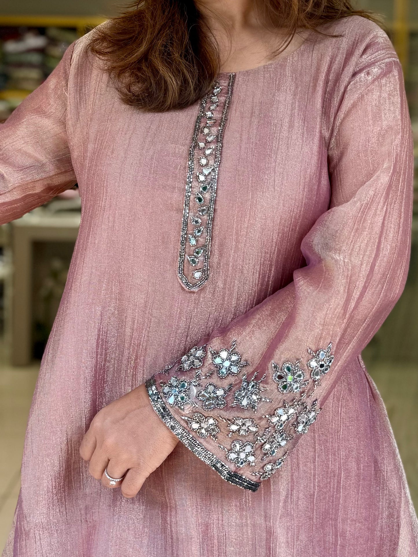 Crush Tissue Co-Ord Mirror work Antique look (Pink)