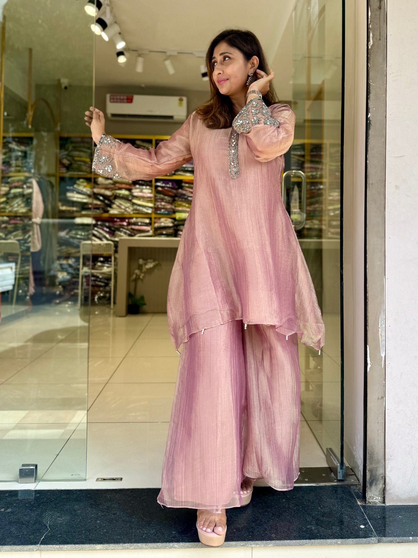 Crush Tissue Co-Ord Mirror work Antique look (Pink)
