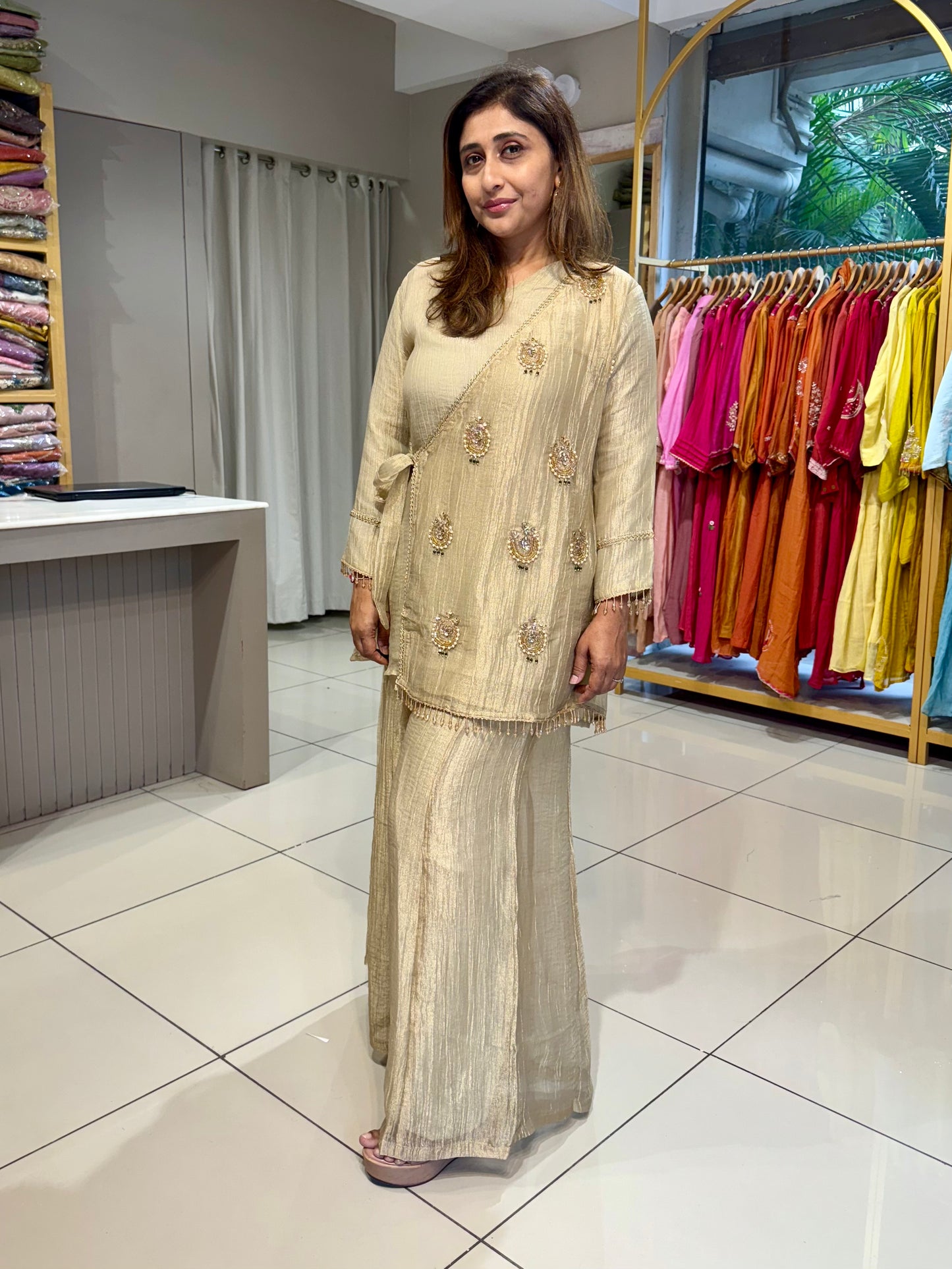 Gold Crush Tissue Angarkha Co-Ord (Kundan Embroidery)