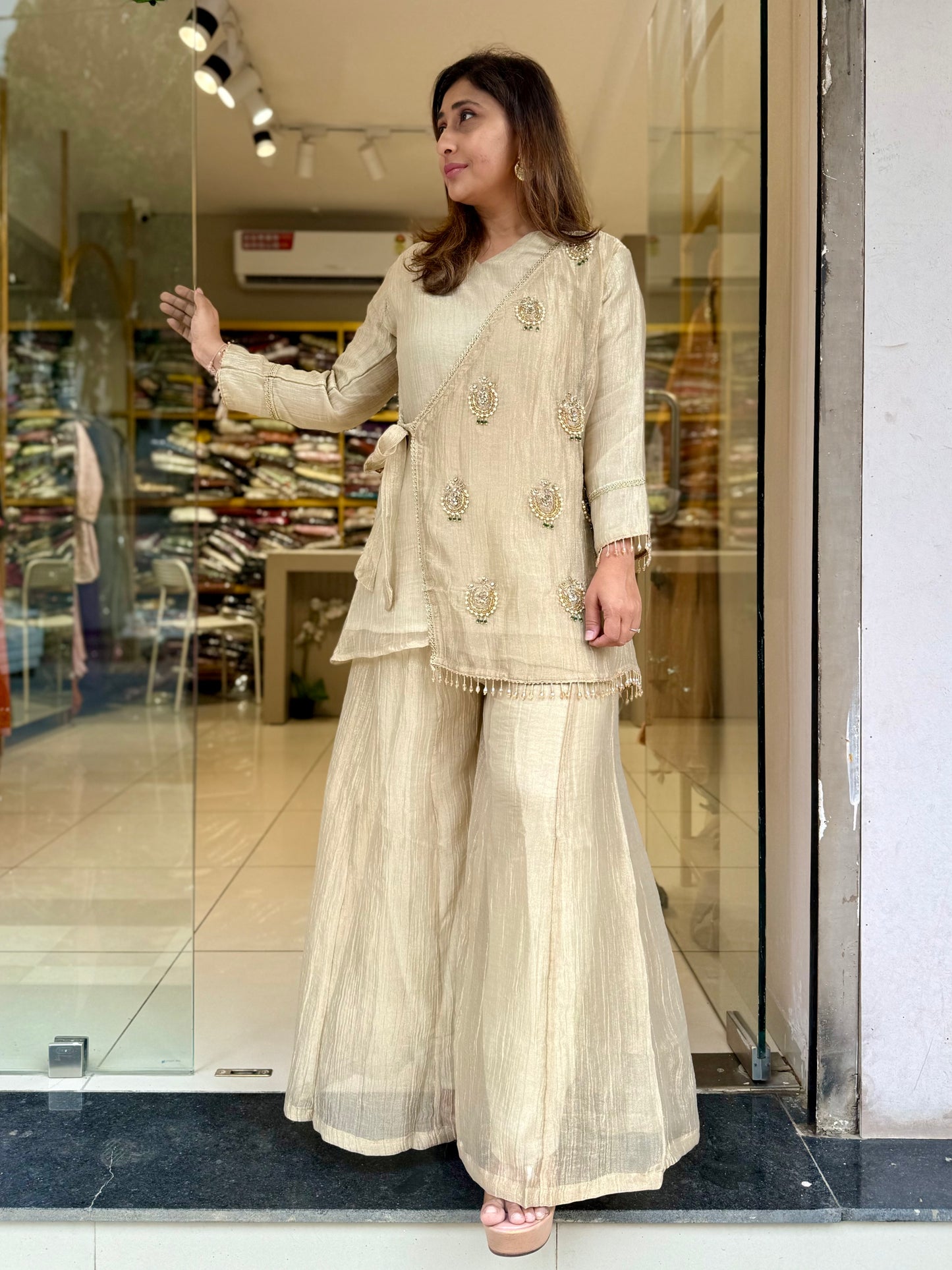 Gold Crush Tissue Angarkha Co-Ord (Kundan Embroidery)