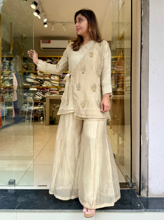 Gold Crush Tissue Angarkha Co-Ord (Kundan Embroidery)