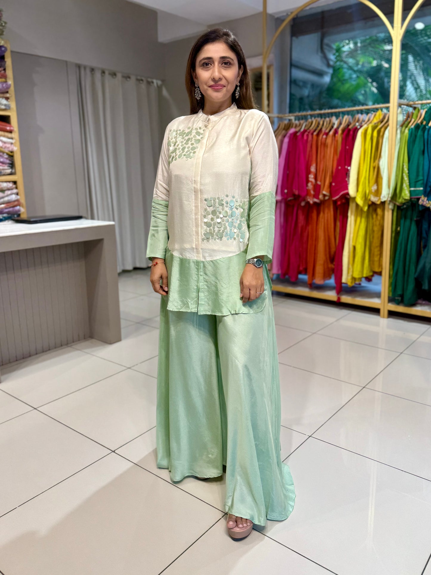 Mint Green Silk Co-ord Divider Tikki work