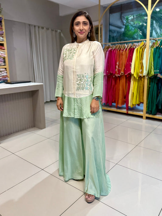 Mint Green Silk Co-ord Divider Tikki work