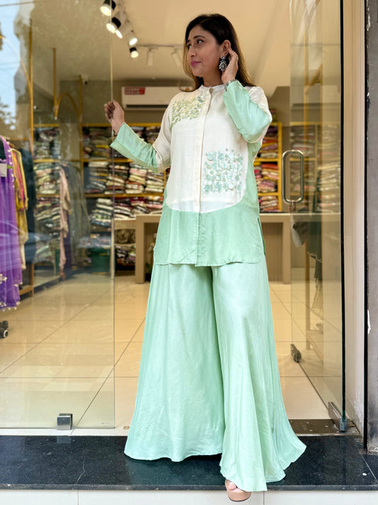 Mint Green Silk Co-ord Divider Tikki work