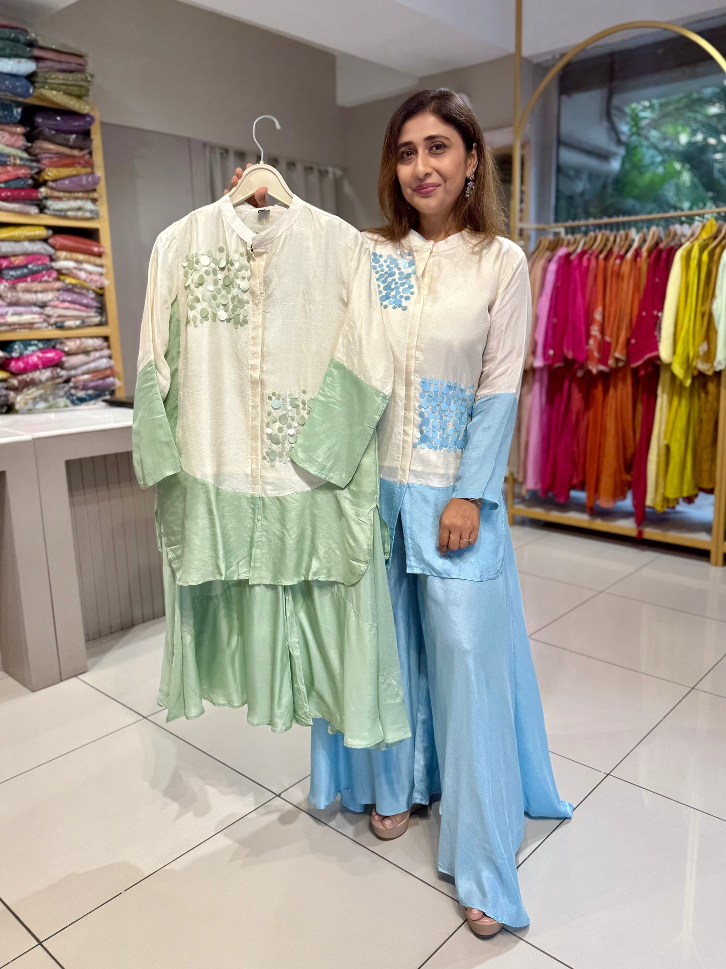 Ice blue silk co ord divider divider tikki work