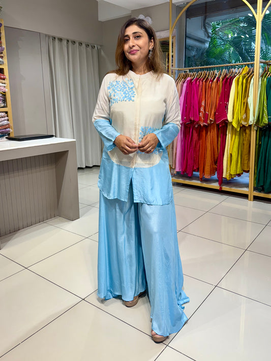 Ice blue silk co ord divider divider tikki work