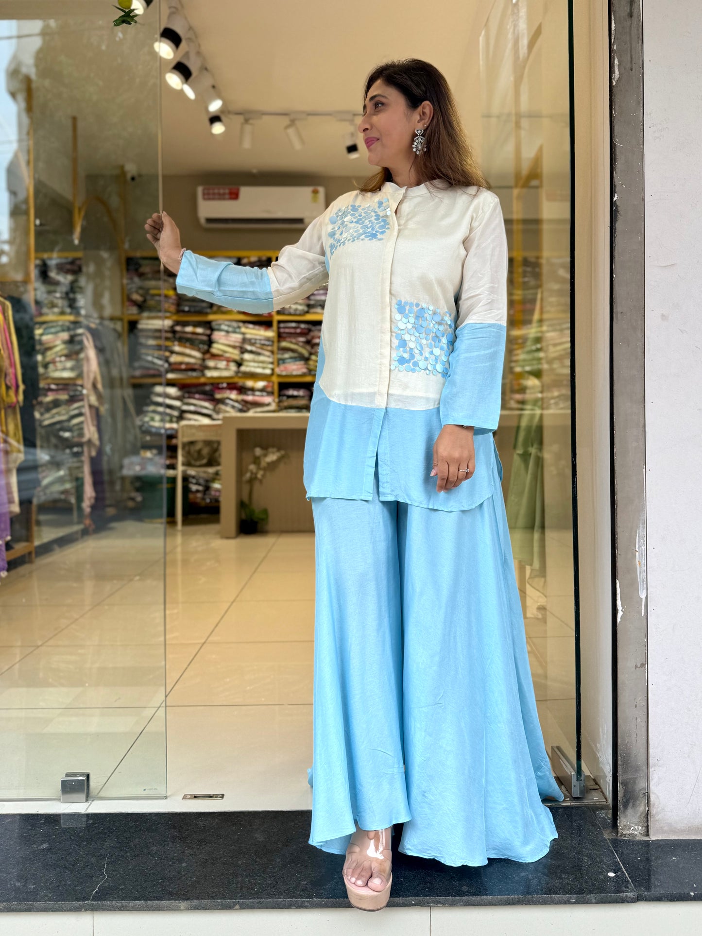 Ice blue silk co ord divider divider tikki work