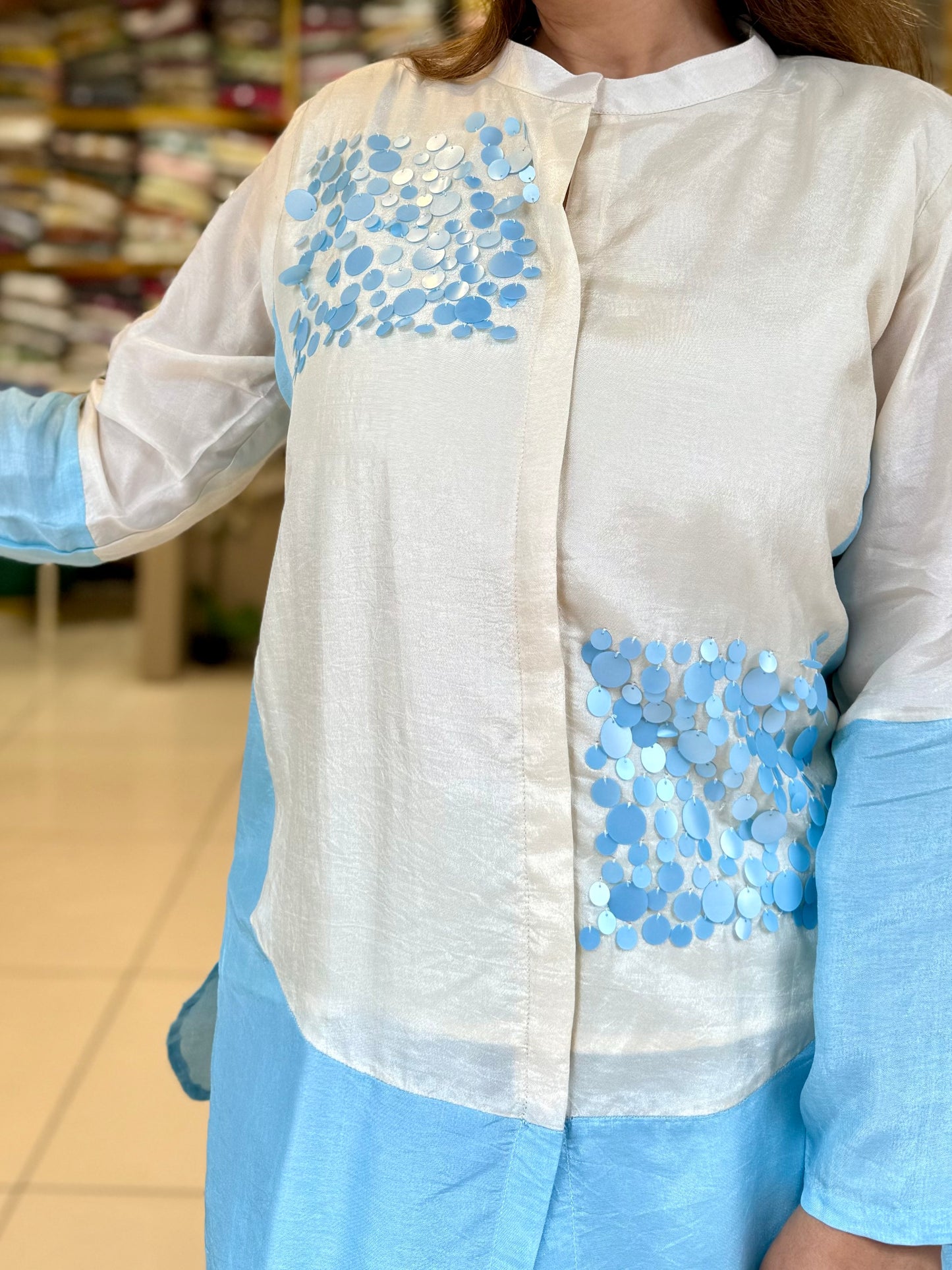 Ice blue silk co ord divider divider tikki work
