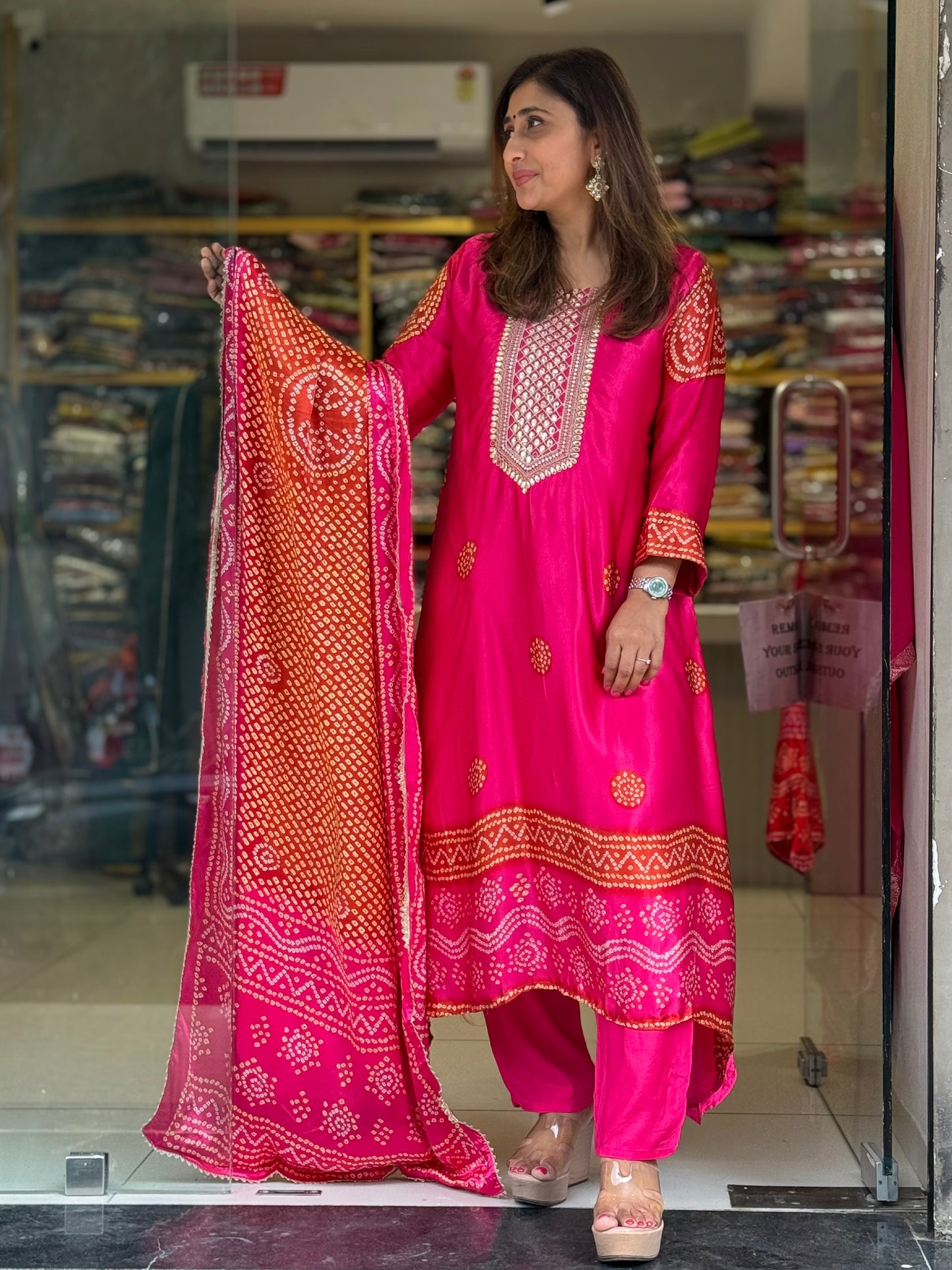 Gaji silk Bandhni Suit set - Pink