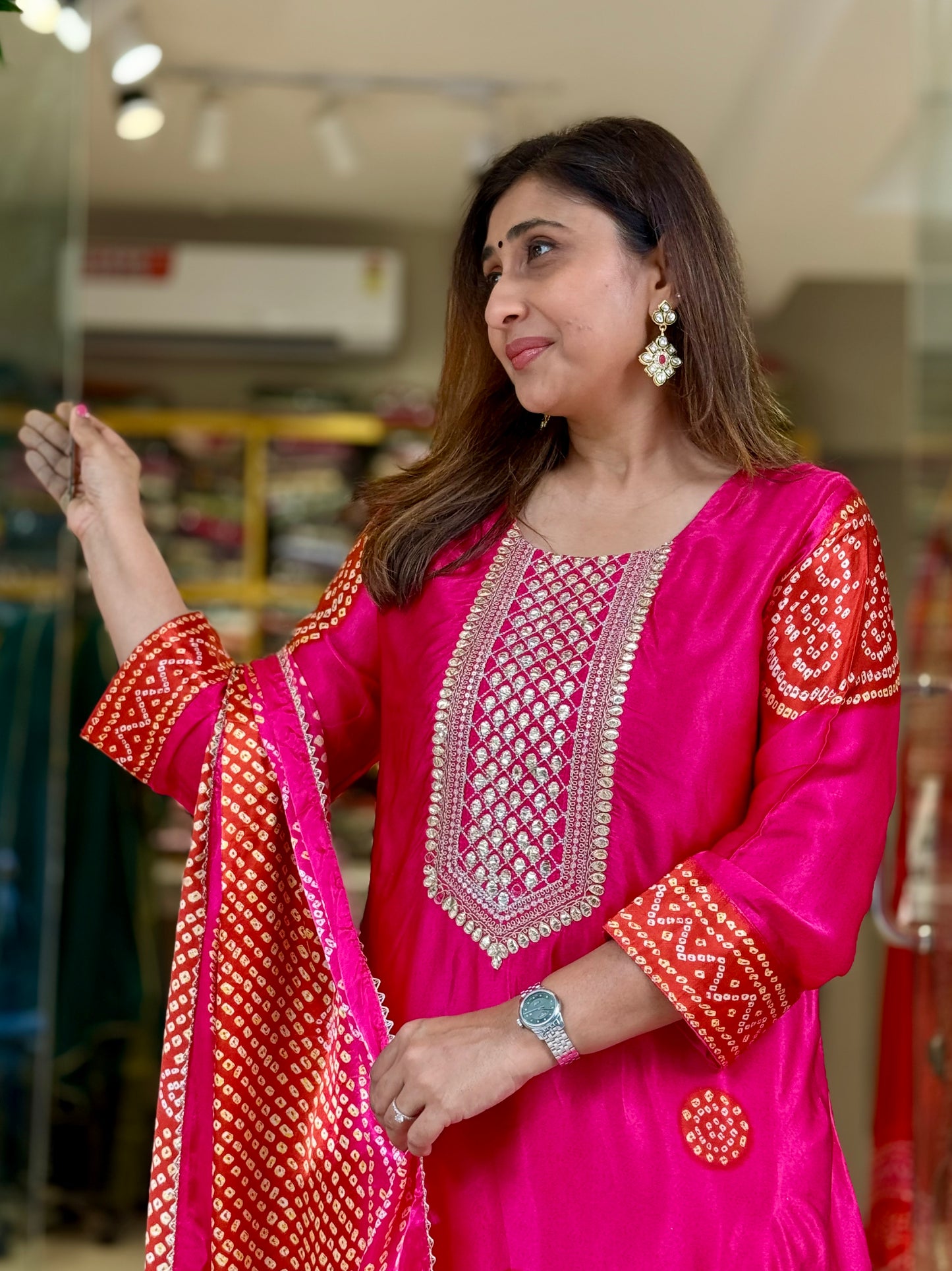 Gaji silk Bandhni Suit set - Pink
